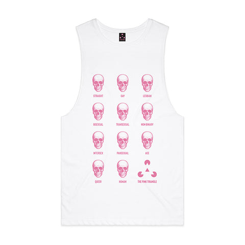 100% combed cotton white low slung vest with original in house design by The Pink Triangle. LGBTQ+ clothing brand for everyone.